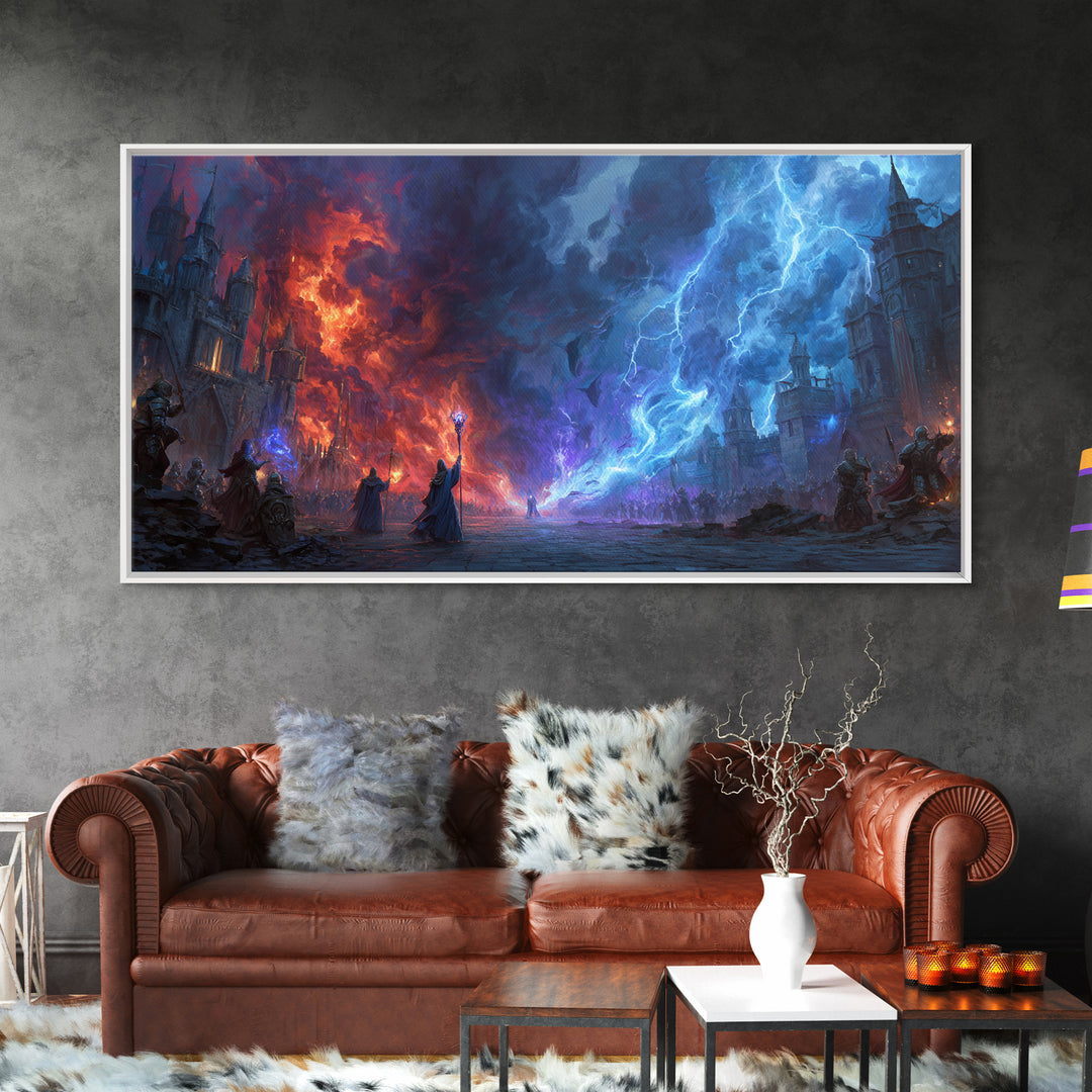 Epic Fire And Lightning Battle Wall Art, Dark Fantasy Art, Dragon Castle Scene, Gothic Wall Decor, Gaming Room Decor, Sci Fi Art