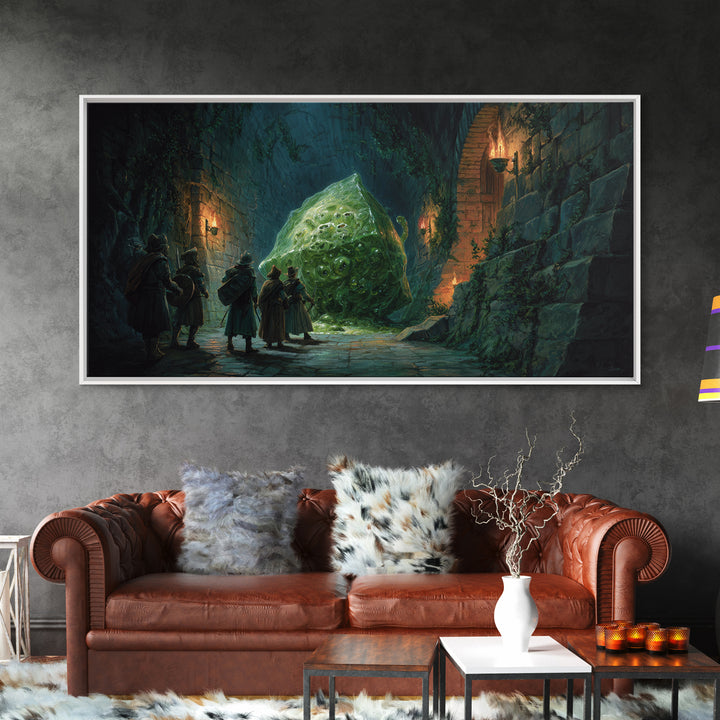 Adventurers Face A Green Slime Monster Canvas Print, Fantasy Art, Dungeon Wall Decor, Dnd Art Print, Gaming Room Decor, Gift