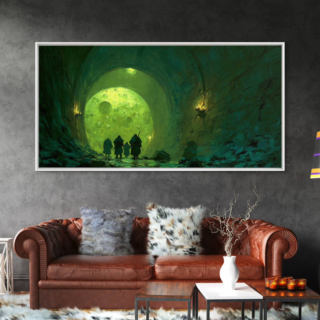 Glowing Green Moon Tunnel Wall Art, Dark Fantasy Landscape, Dungeon Decor, Whimsical Art Print, Gaming Room Wall Decor, Gift