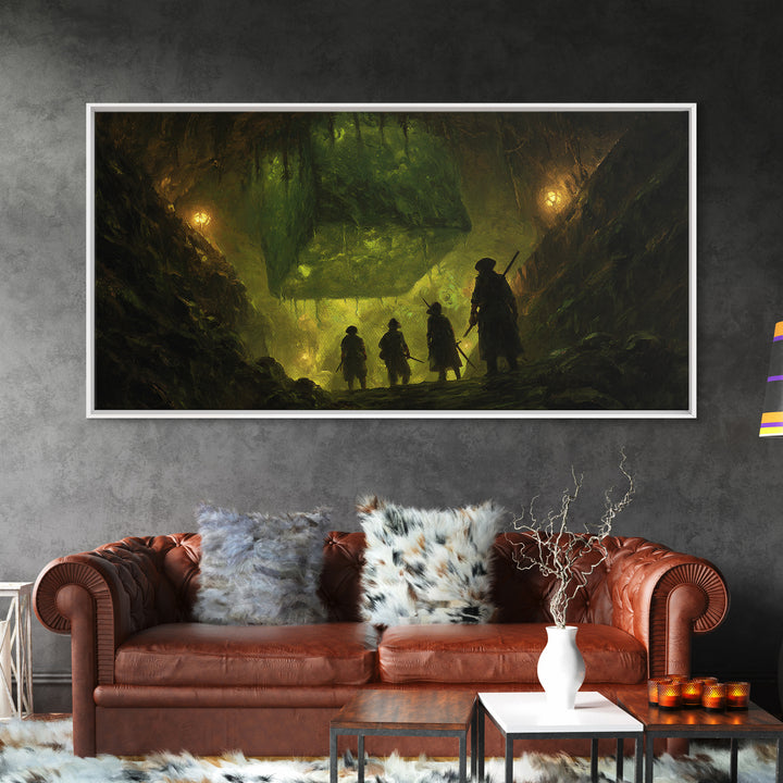 Adventurers Discover Floating Green Cube Canvas Print, Fantasy Cavern Wall Art, Dnd Decor, Gaming Room Art, Unique Gift Idea