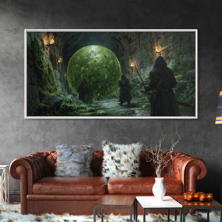 Cloaked Rangers Approach Green Orb Framed Canvas Print, Fantasy Dungeon Wall Art, Gothic Decor, Dnd Art, Gaming Room Decor