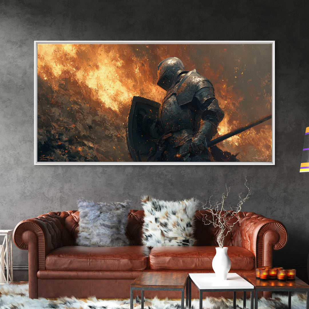 Armored Knight In Blazing Battlefield Canvas Print, Medieval Fantasy Art, Warrior Wall Decor, Gothic Wall Art, Gift For Him