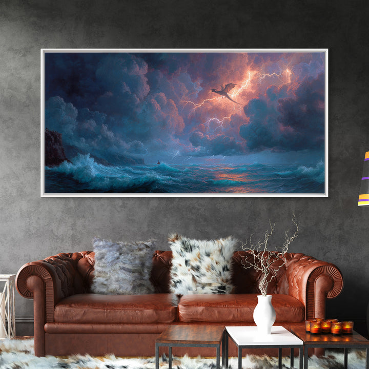 Stormy Ocean Dragon And Lightning Wall Art, Fantasy Seascape, Nautical Decor, Coastal Wall Art, Dramatic Fine Art Print, Home Decor