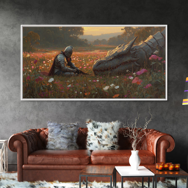 Resting Knight And Sleeping Dragon In Wildflower Meadow Framed Canvas Print, Fantasy Wall Art, Medieval Home Decor, Gift For Her
