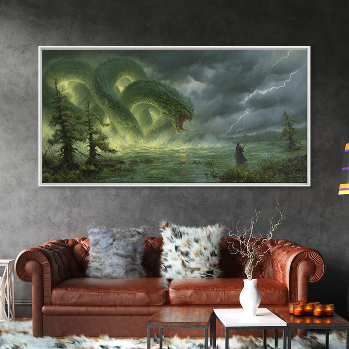 Giant Emerald Serpent In Stormy Marsh Canvas Print, Fantasy Wall Art, Dragon Artwork, Dark Academia Home Decor, Mystical Wall Decor