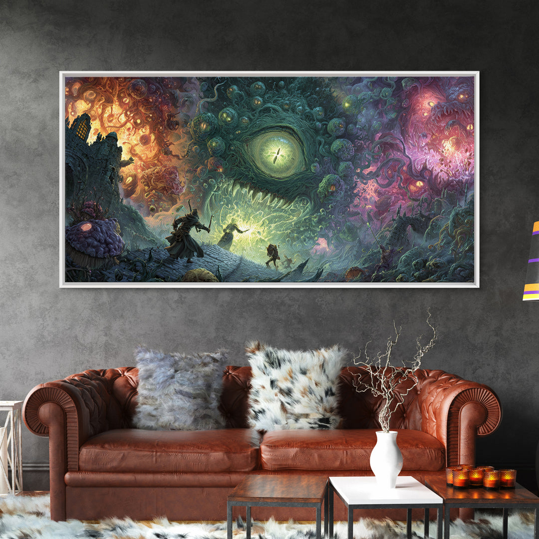 Adventurers Facing Cosmic Portal Monster Canvas Print, Surreal Fantasy Wall Art, Lovecraftian Game Room Decor Gift For Him