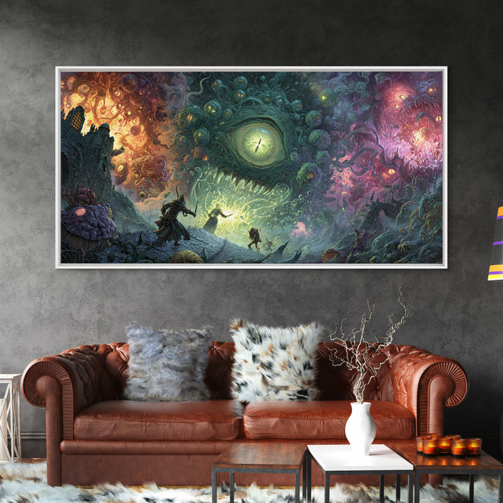 Adventurers Facing Cosmic Portal Monster Canvas Print, Surreal Fantasy Wall Art, Lovecraftian Game Room Decor Gift For Him
