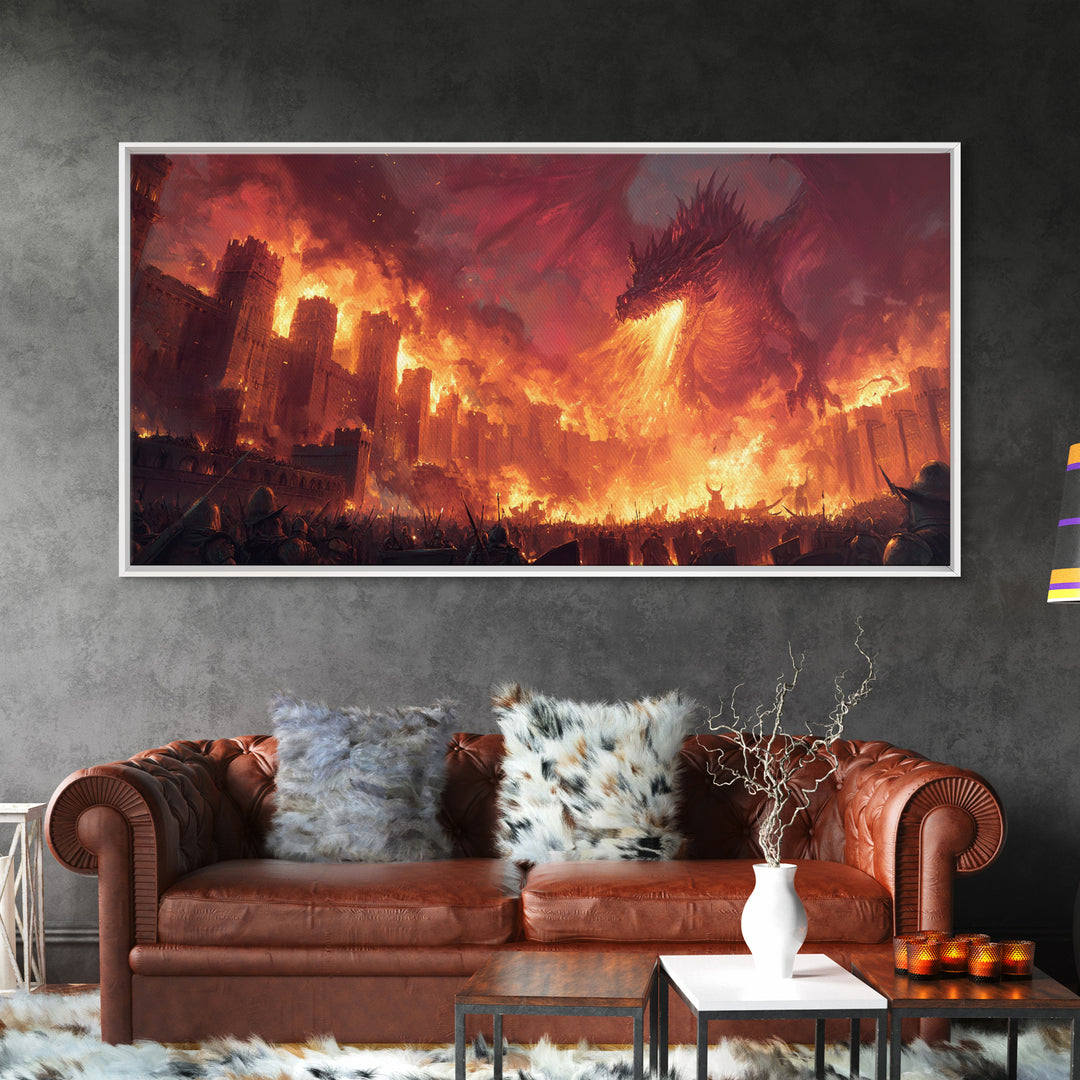 Fire Dragon Attacking Burning Castle City Framed Canvas Print, Dark Fantasy Wall Art, Medieval Battle Home Decor Gift For Him