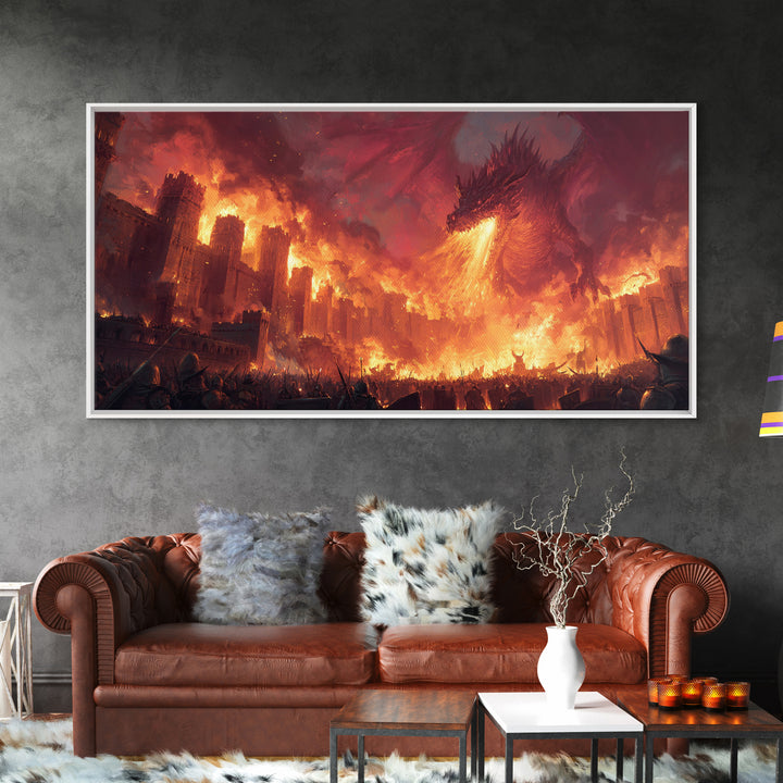 Fire Dragon Attacking Burning Castle City Framed Canvas Print, Dark Fantasy Wall Art, Medieval Battle Home Decor Gift For Him