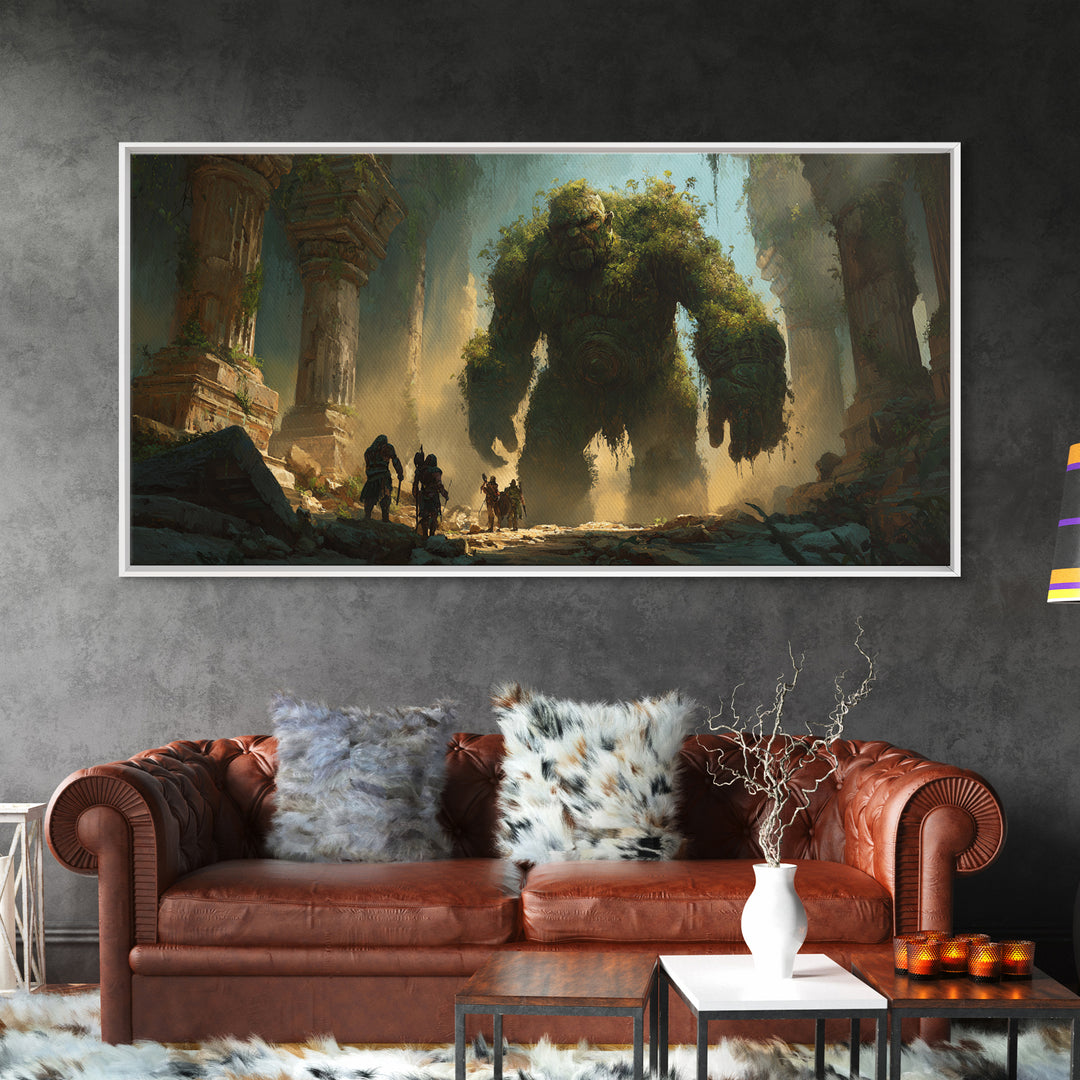 Ancient Moss Giant In Overgrown Temple Ruins Canvas Print, Fantasy Wall Art, Mythical Adventure Home Decor Gift For Gamer