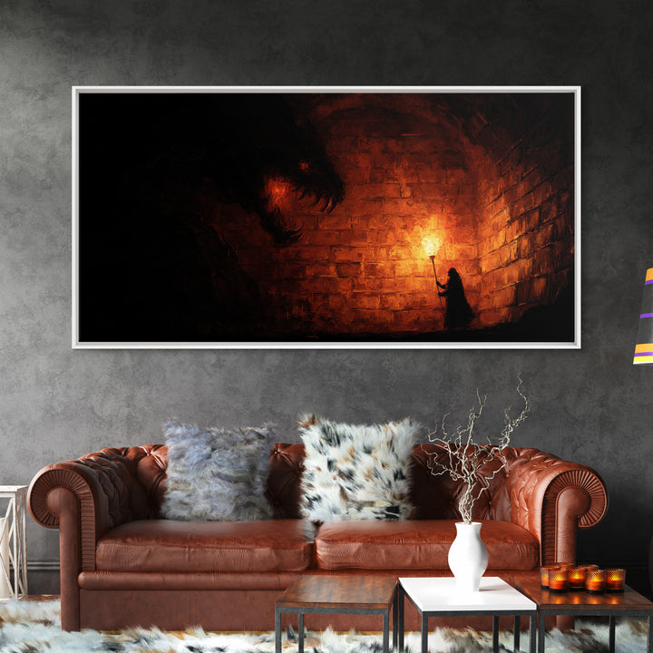 Cloaked Figure With Torch Facing Dungeon Beast Canvas Print, Gothic Wall Art, Dark Fantasy Creepy Horror Decor Gift For Him