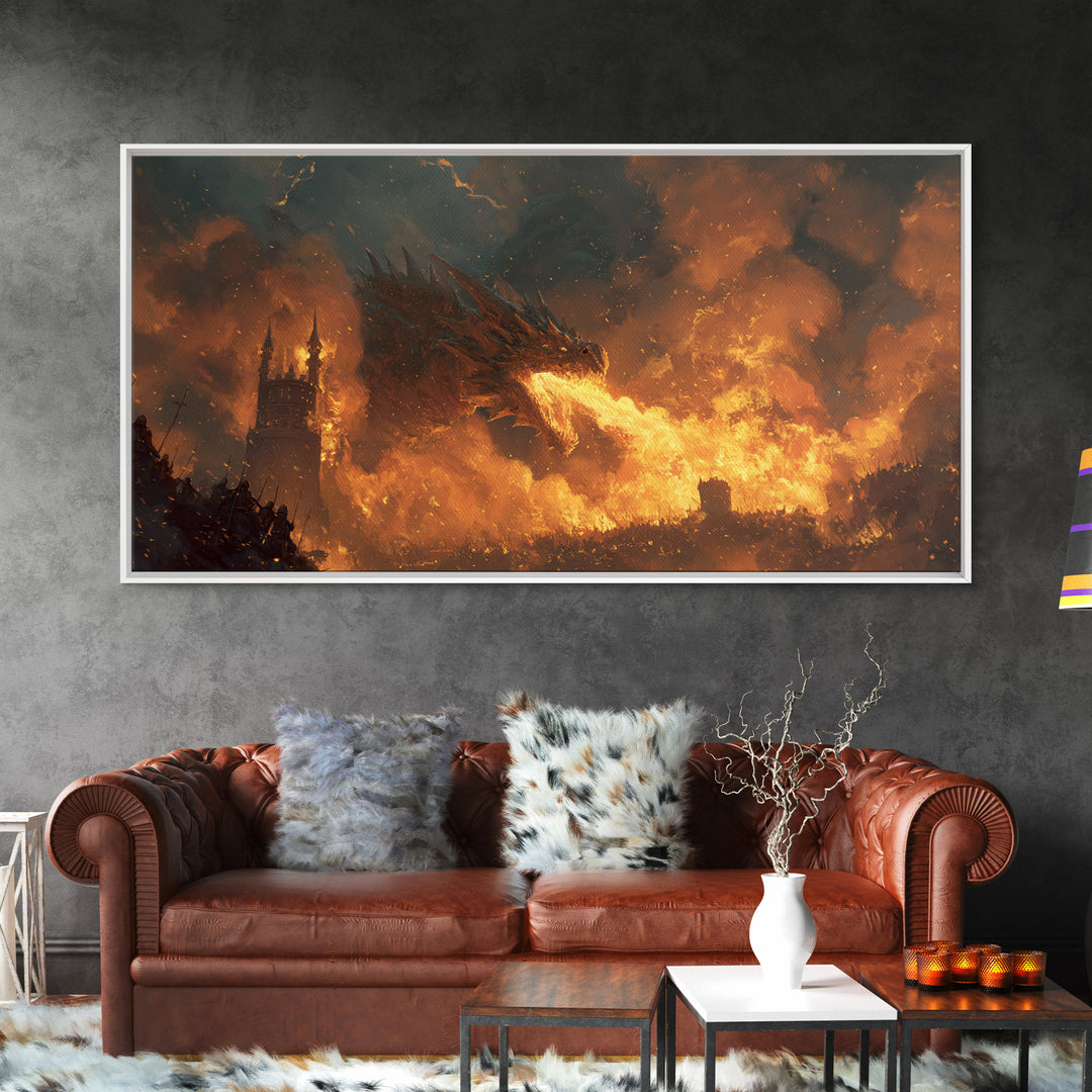 Red Dragon Breathing Fire Over War Torn Kingdom Framed Canvas Print, Epic Fantasy Wall Art, Medieval Castle Decor Gift For Him