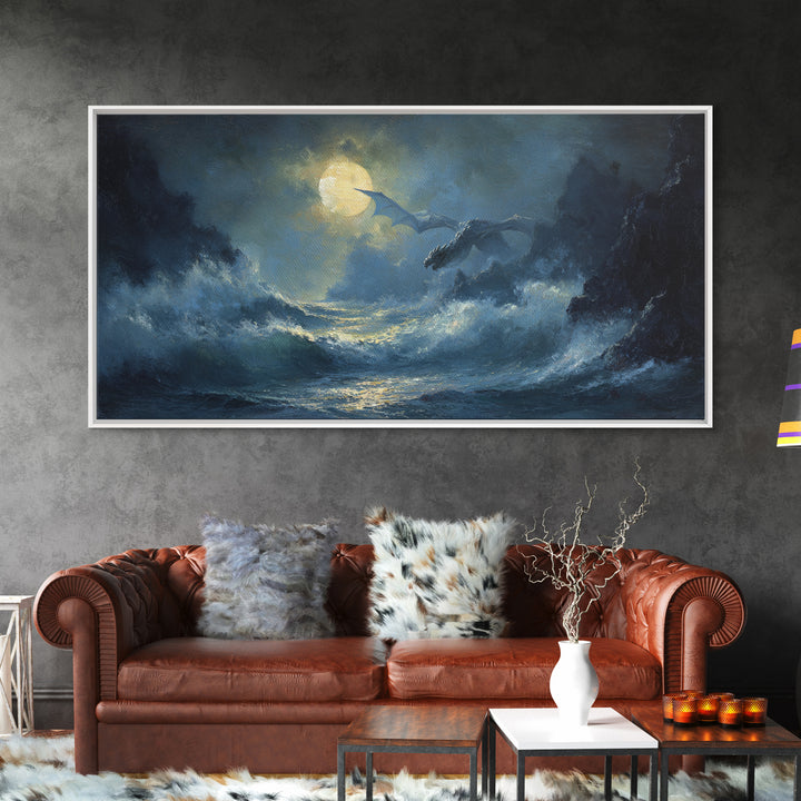 Moonlit Dragons Flying Over Stormy Ocean Waves Canvas Print, Fantasy Seascape Wall Art, Coastal Gothic Bedroom Decor Gift