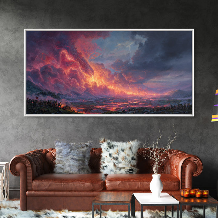 Glowing Lava Dragon Above Volcanic Valley Framed Canvas Print, Fantasy Landscape Wall Art, Dramatic Game Room Decor Gift For Him