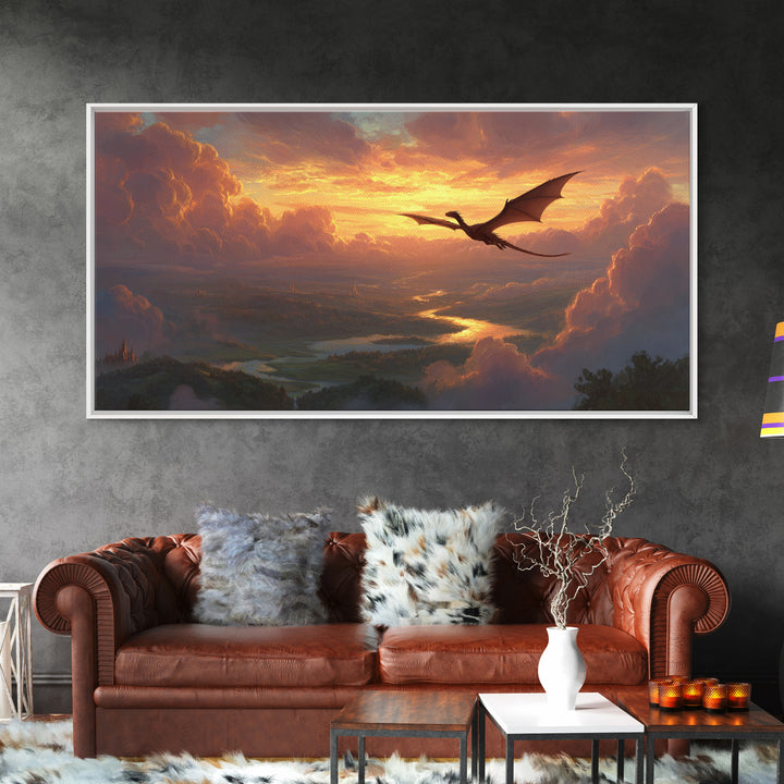 Sunset Dragon Over Golden River Valley Canvas Print, Fantasy Landscape Wall Art, Epic Castle Decor, Large Panoramic Artwork