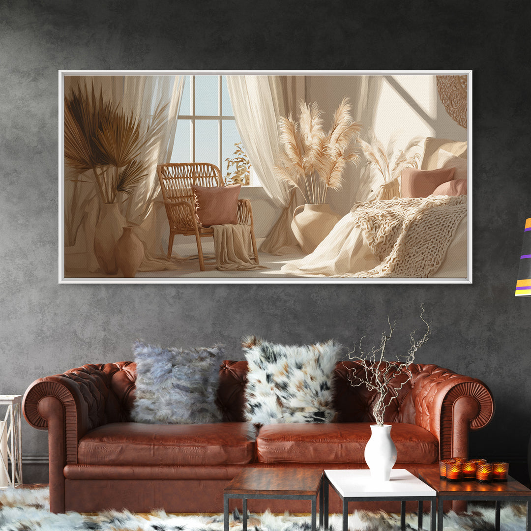 Sunlit Boho Bedroom With Pampas Grass Framed Canvas Print, Neutral Wall Art, Cozy Home Decor, Above Bed Decor Gift For Her