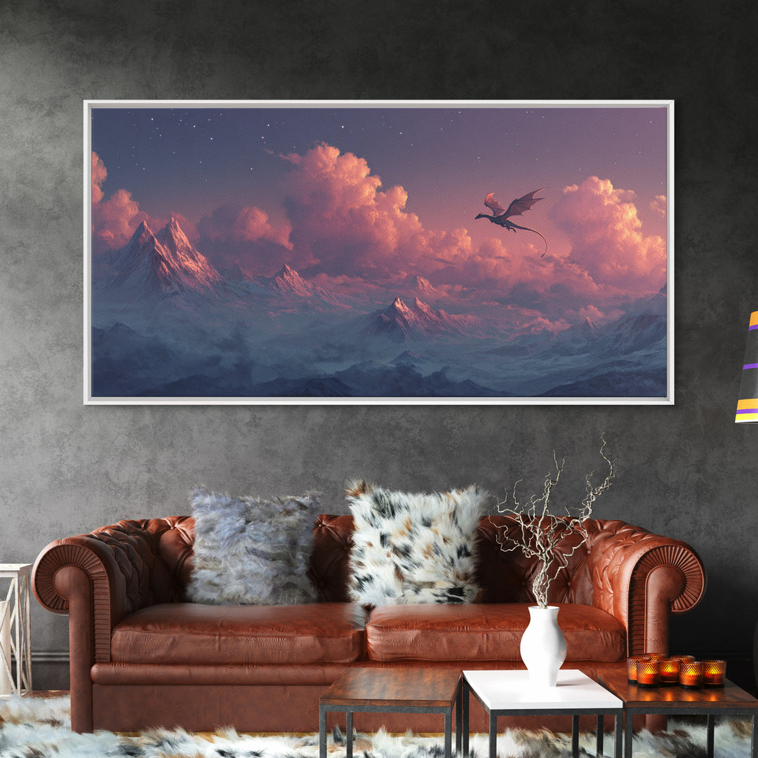 Twilight Dragon Above Snowy Mountains Framed Canvas Print, Fantasy Wall Art, Starry Sky Decor, Majestic Alpine Landscape