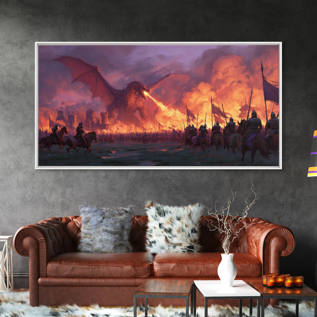 Fire Breathing Dragon Battlefield Canvas Print, Dark Fantasy Wall Art, Medieval Castle Decor, Epic Warrior Battle Scene Artwork