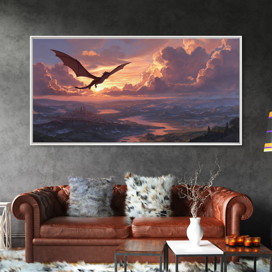 Black Dragon Gliding Above Sunset Kingdom Framed Canvas Print, Fantasy Landscape Wall Art, Castle Lake Decor, Epic Wall Decor