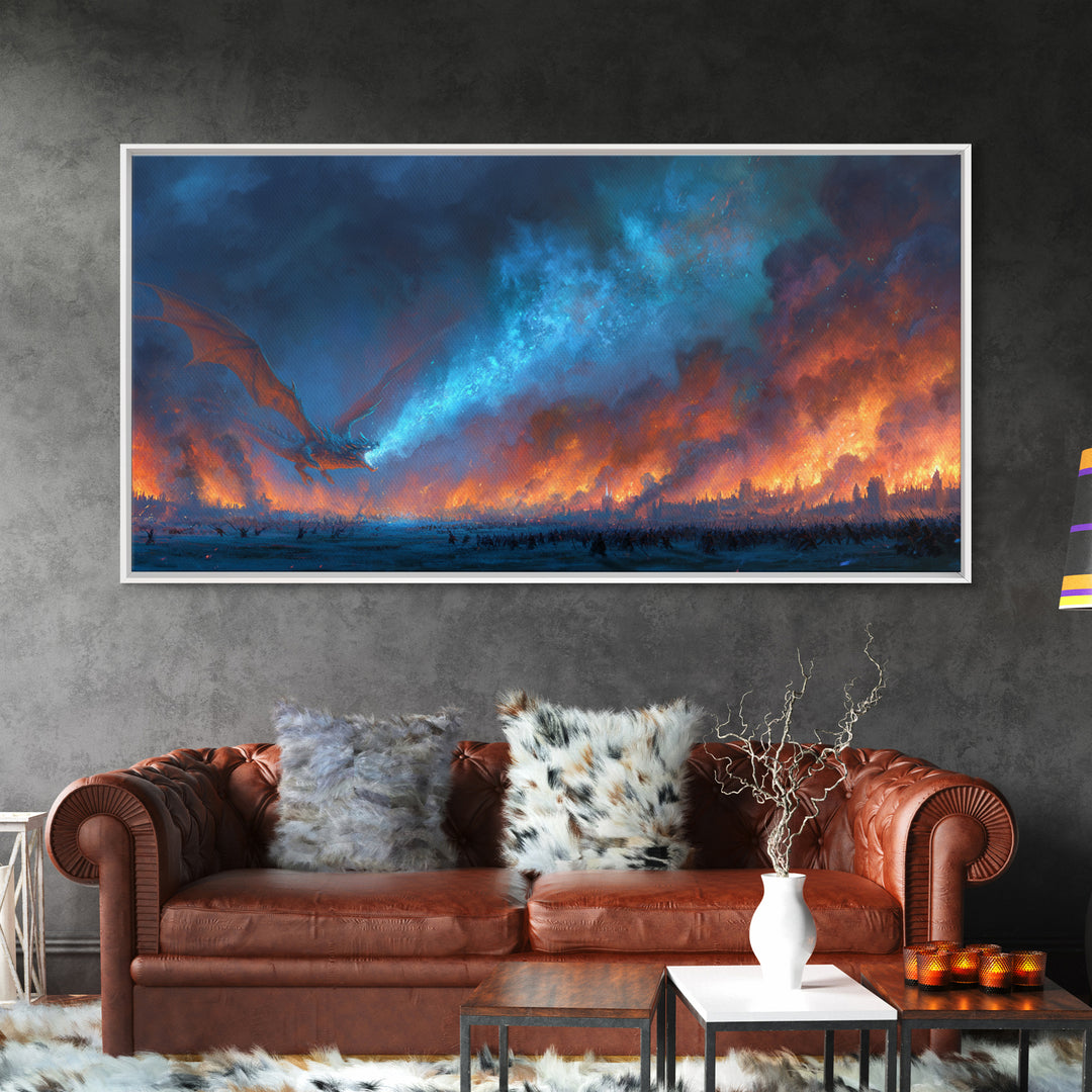 Blue Fire Dragon Over Burning Battlefield Canvas Print, Dark Fantasy Wall Art, Epic War Decor, Large Medieval Battle Artwork