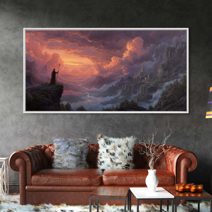 Cloaked Wizard Over Misty Castle Valley Framed Canvas Print, Fantasy Landscape Wall Art, Gothic Mountain Decor, Epic Artwork