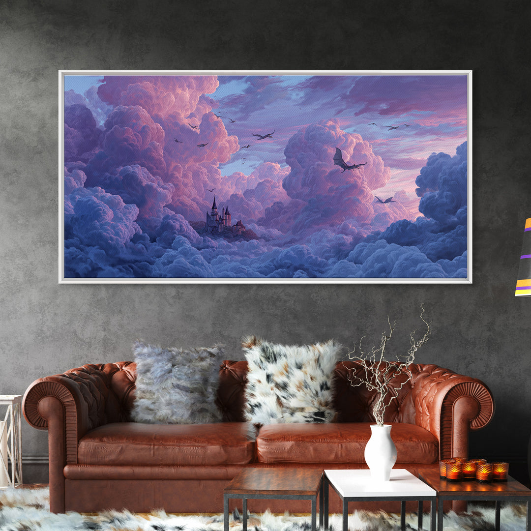 Dragons Soaring Through Lavender Clouds Canvas Print, Whimsical Fantasy Wall Art, Floating Castle Decor, Dreamy Sky Artwork