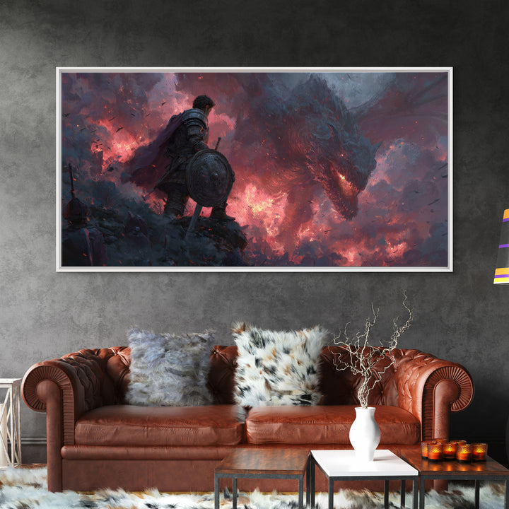Lone Warrior Facing Shadow Dragon Framed Canvas Print, Dark Fantasy Wall Art, Gothic Battle Decor, Epic Medieval Artwork