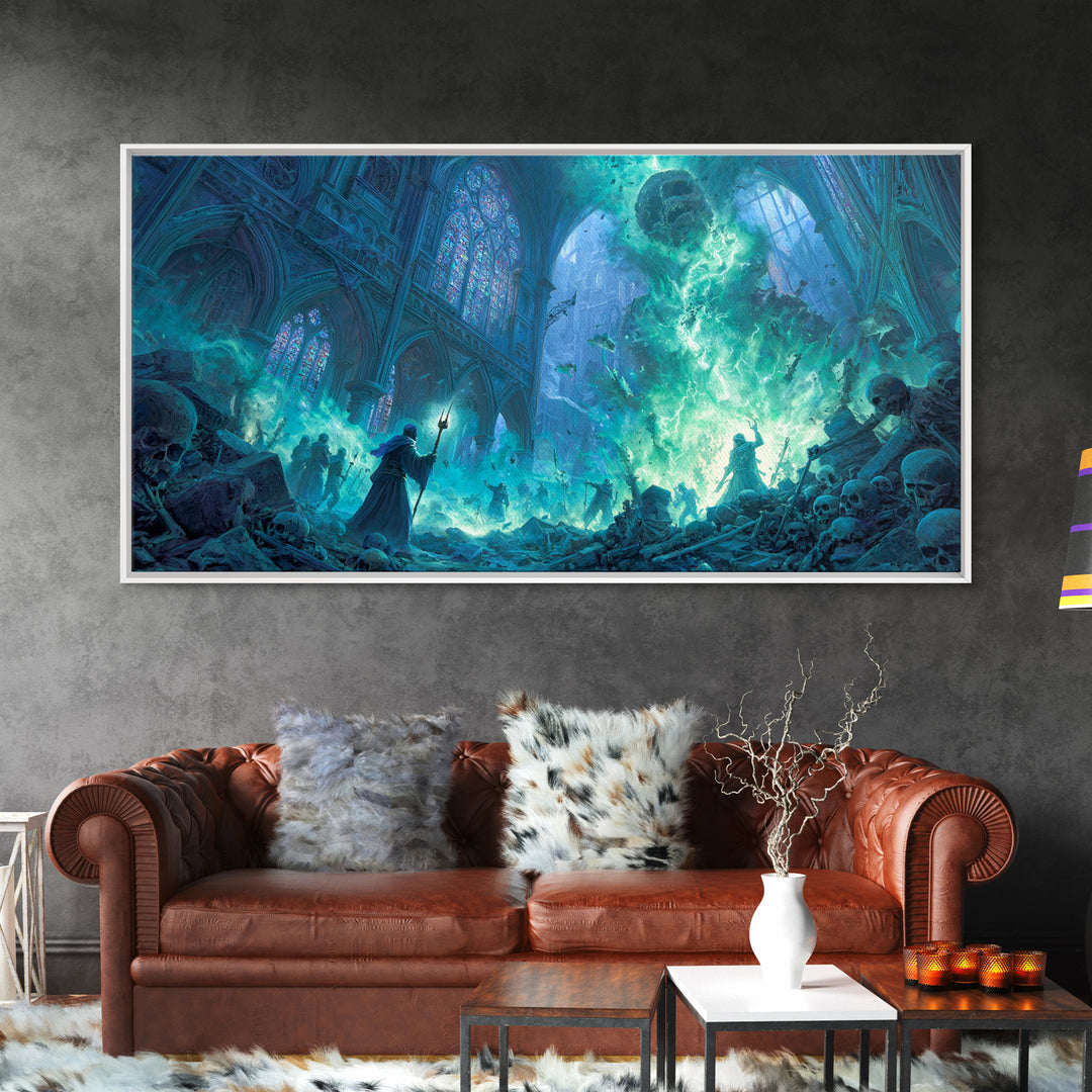 Gothic Cathedral Necromancer With Skulls Wall Art, Dark Fantasy Canvas Print, Occult Decor, Gamer Room, Spooky Gift For Halloween Decor