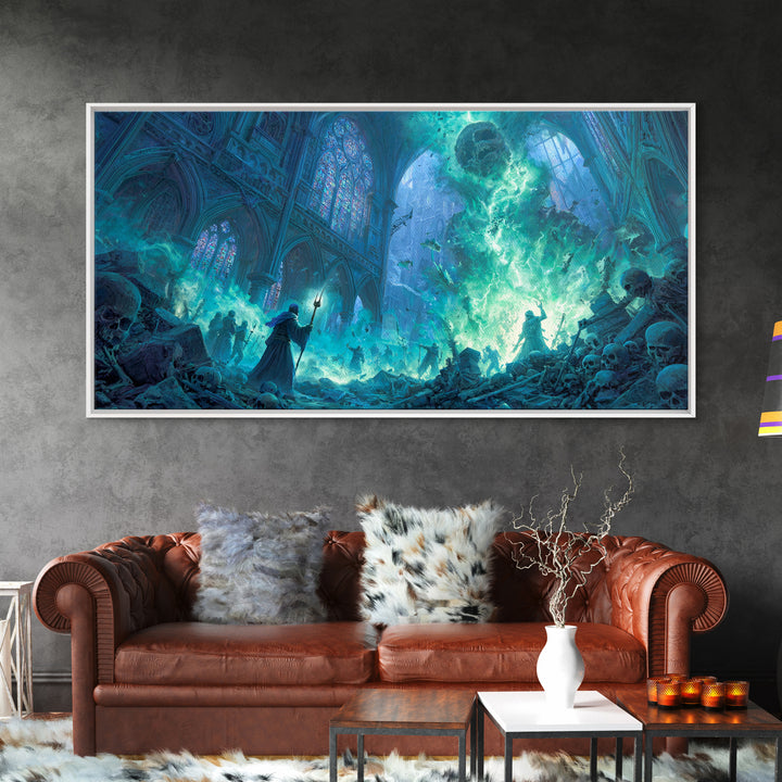 Gothic Cathedral Necromancer With Skulls Wall Art, Dark Fantasy Canvas Print, Occult Decor, Gamer Room, Spooky Gift For Halloween Decor