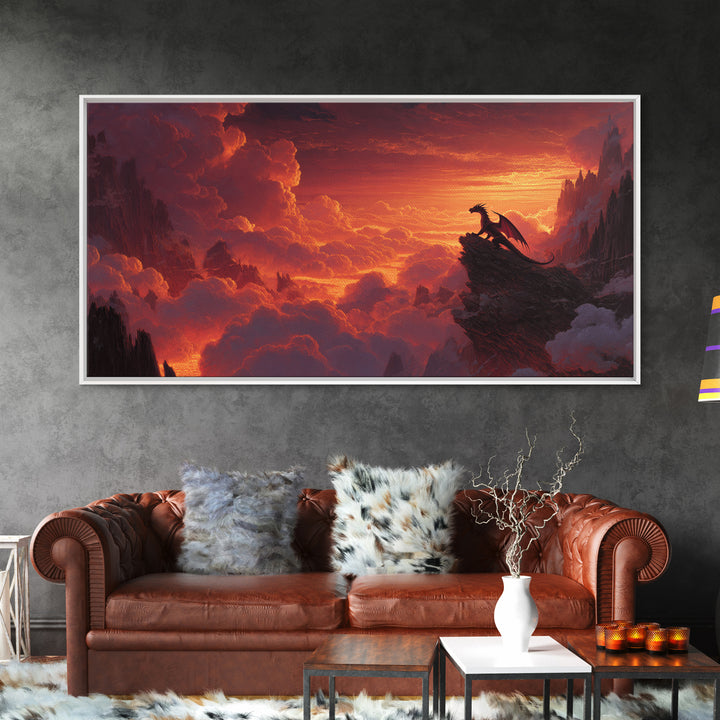 Lone Dragon On Cliff At Fiery Sunset Wall Art, Epic Fantasy Landscape, Medieval Castle Decor, Dramatic Canvas Print Gift