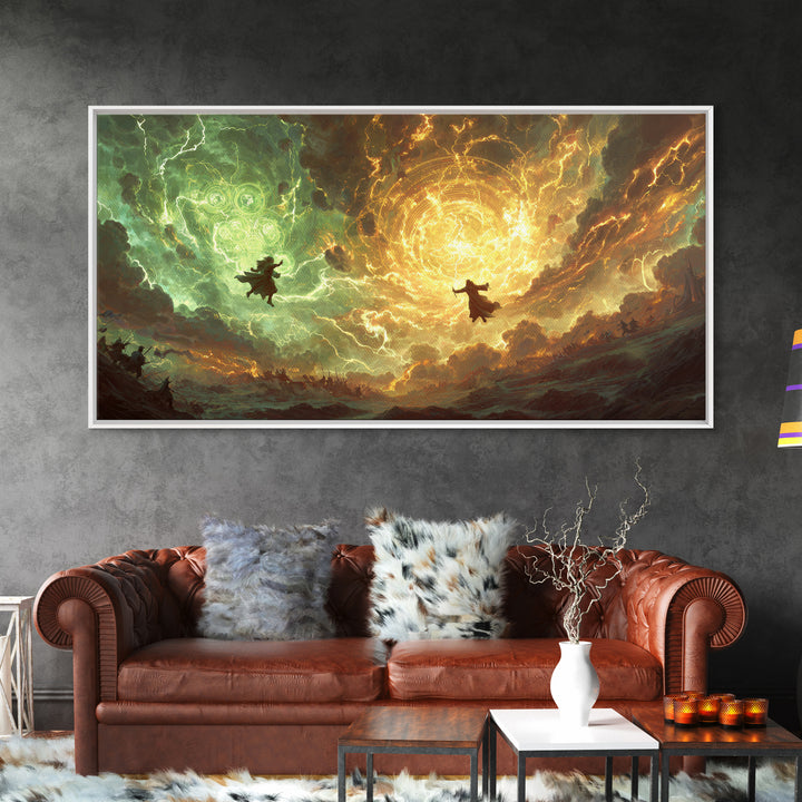 Soaring Wizards And Golden Magic Portal Wall Art, Mystical Fantasy Landscape, Spellcaster Canvas Print, Gaming Room Decor