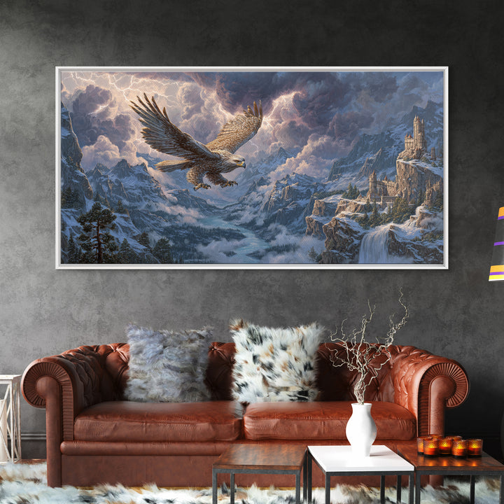Giant Eagle Over Snowy Mountain Castle Framed Canvas Print, Epic Fantasy Landscape Wall Art, Wildlife Decor, Gift For Him