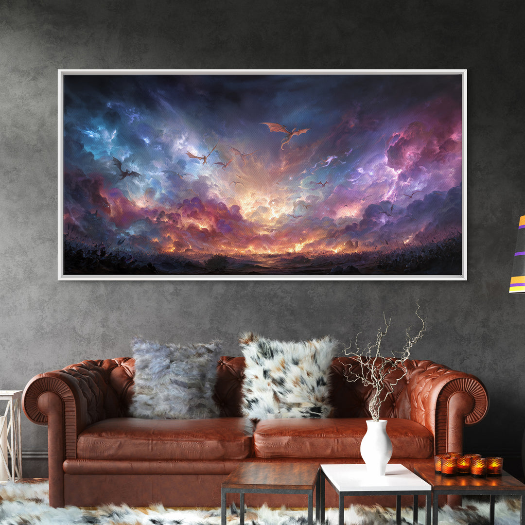 Dragons Flying Through Stormy Cosmic Sky Wall Art, Dark Fantasy Landscape Canvas Print, Surreal Decor, Gamer Room Art, Moody Wall Decor
