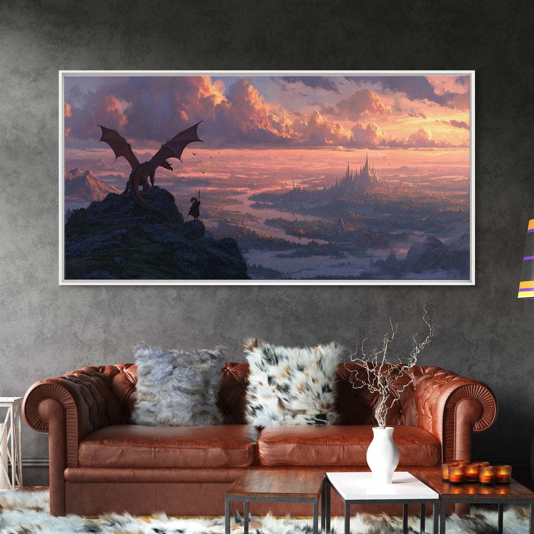 Dragon Rider Over Vast Castle City At Sunset Wall Art, Epic Fantasy Landscape Canvas Print, Medieval Decor, Gift For Gamer