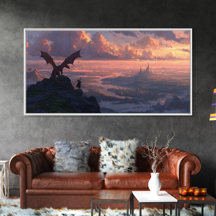 Dragon Rider Over Vast Castle City At Sunset Wall Art, Epic Fantasy Landscape Canvas Print, Medieval Decor, Gift For Gamer