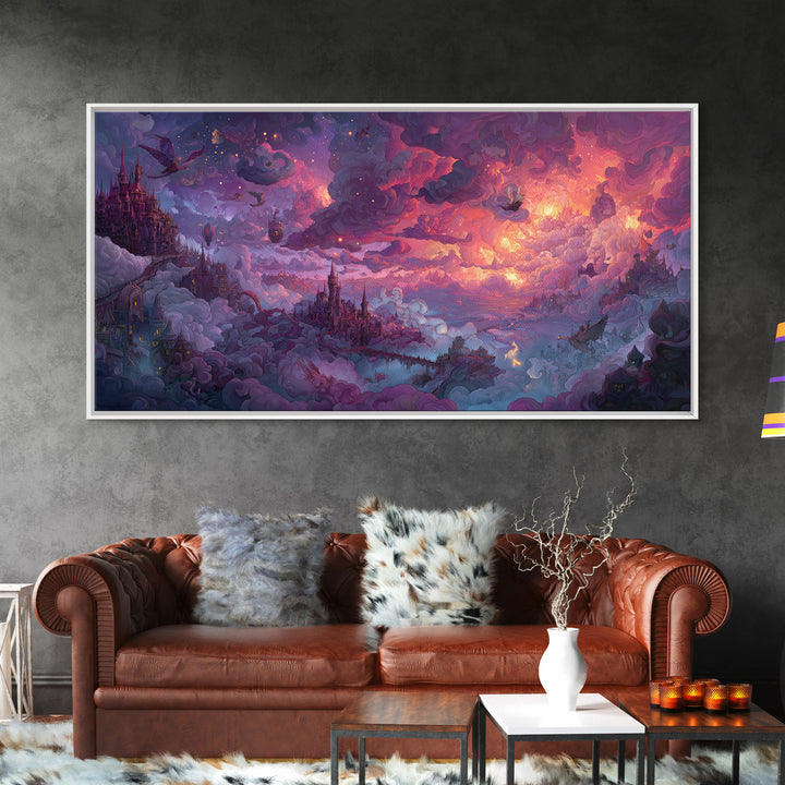 Cloud Kingdom Castles In Pink Twilight Wall Art, Whimsical Fantasy Landscape Canvas Print, Dreamy Nursery Decor, Gift For Kids Room