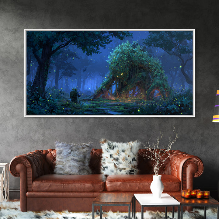 Glowing Forest Spirit Beneath Starry Trees Wall Art, Whimsical Fantasy Canvas Print, Woodland Nursery Decor, Nature Gift