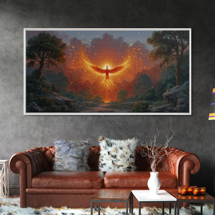 Glowing Phoenix Spirit In Enchanted Forest Wall Art, Fantasy Landscape Canvas, Mystical Home Decor, Magical Gift For Her