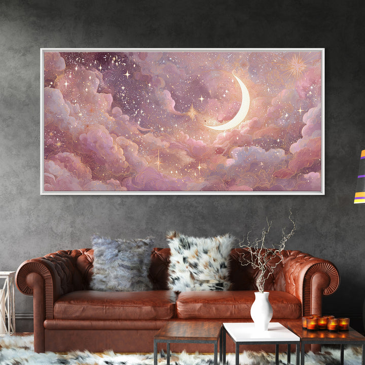 Pastel Crescent Moon And Starry Cloud Wall Art, Celestial Art Print, Whimsigoth Decor, Nursery Room Wall Decor, Gift For Her