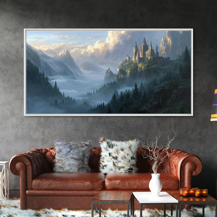 Misty Mountain Castle Above Forest Valley Framed Canvas Print, Fantasy Landscape Wall Art, Large Medieval Home Decor Housewarming Gift