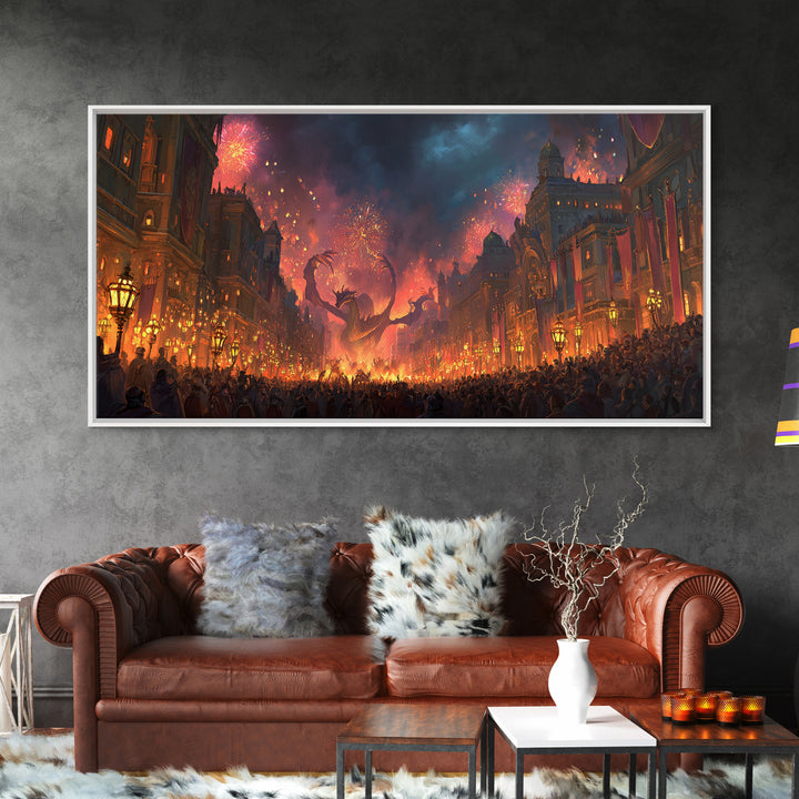 Fiery Dragon Festival In Grand City Wall Art, Dark Fantasy Canvas Print, Maximalist Decor, Gaming Room Poster Gift For Him