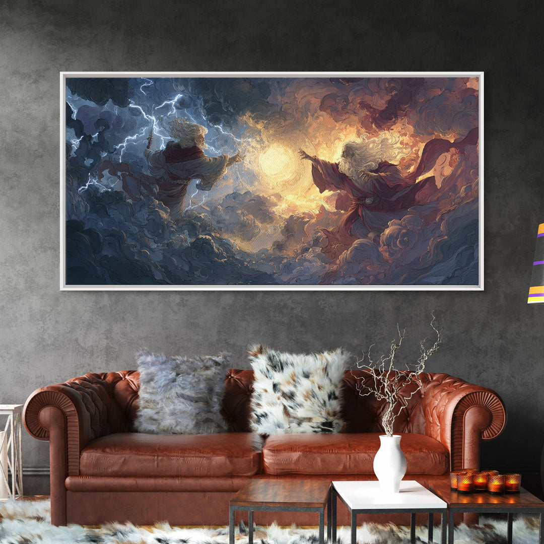 Storm Wizards Casting Light In Celestial Clouds Canvas Print, Fantasy Wall Art, Mystical Decor, Dramatic Surreal Art Gift