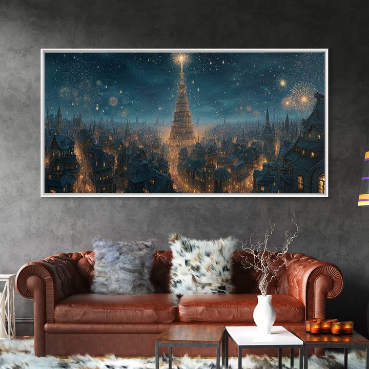 Starry Winter City With Towering Yule Tree Framed Canvas Print, Fantasy Wall Art, Holiday Decor, Magical Christmas Wall Decor Gift