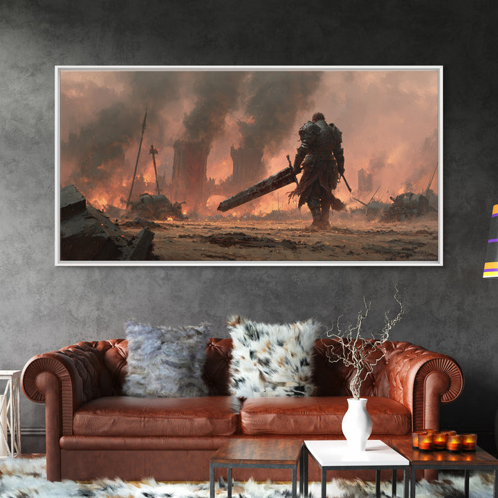 Armored Warrior With Giant Sword In Burning Ruins Canvas Print, Dark Fantasy Wall Art, Medieval Game Room Decor Gift For Him