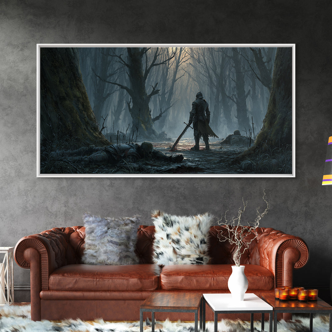 Lone Knight In Haunted Swamp Forest Wall Art, Dark Fantasy Canvas Print, Gothic Decor, Moody Medieval Home Decor Gift For Him