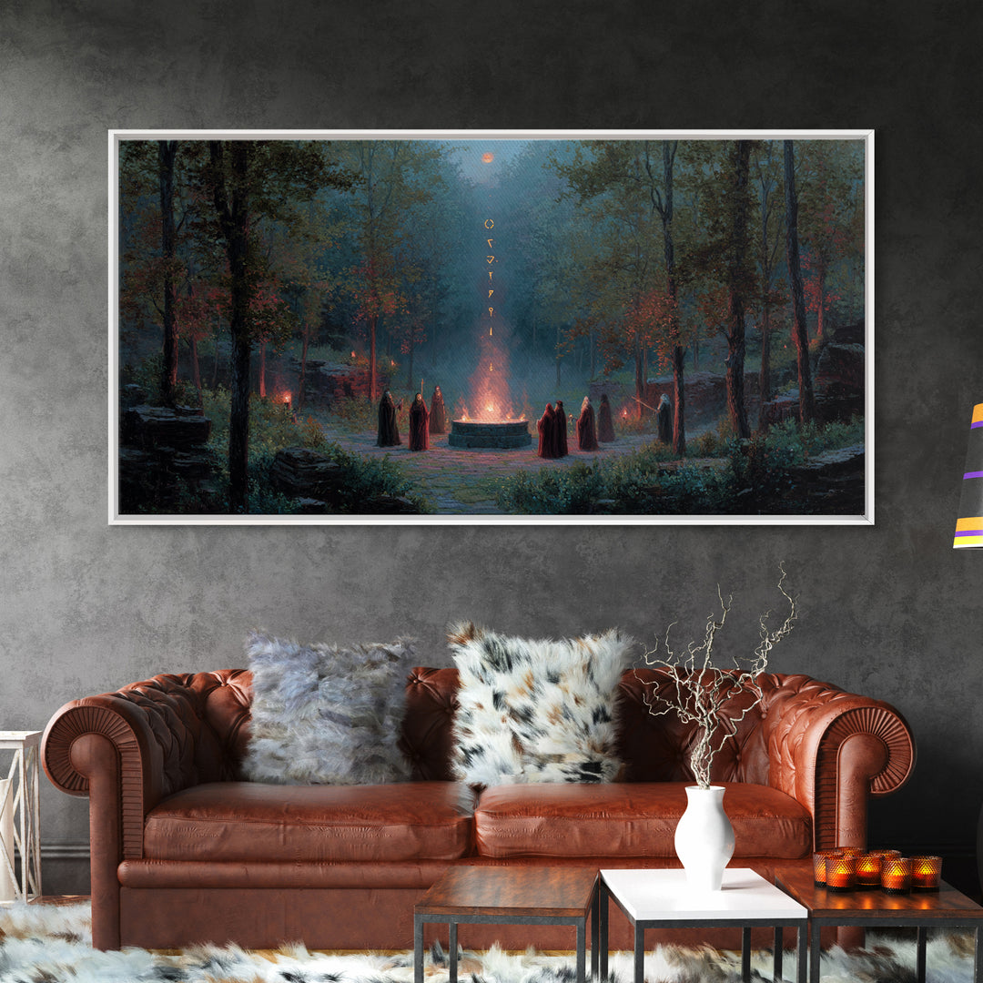 Hooded Druids Around Moonlit Forest Altar Wall Art, Dark Fantasy Canvas Print, Gothic Witchy Decor, Mystical Home Decor Gift