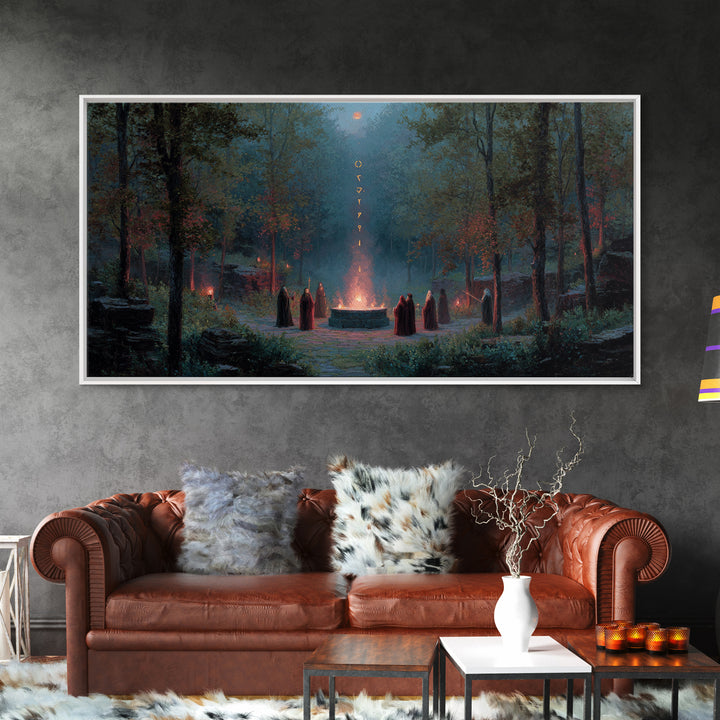 Hooded Druids Around Moonlit Forest Altar Wall Art, Dark Fantasy Canvas Print, Gothic Witchy Decor, Mystical Home Decor Gift