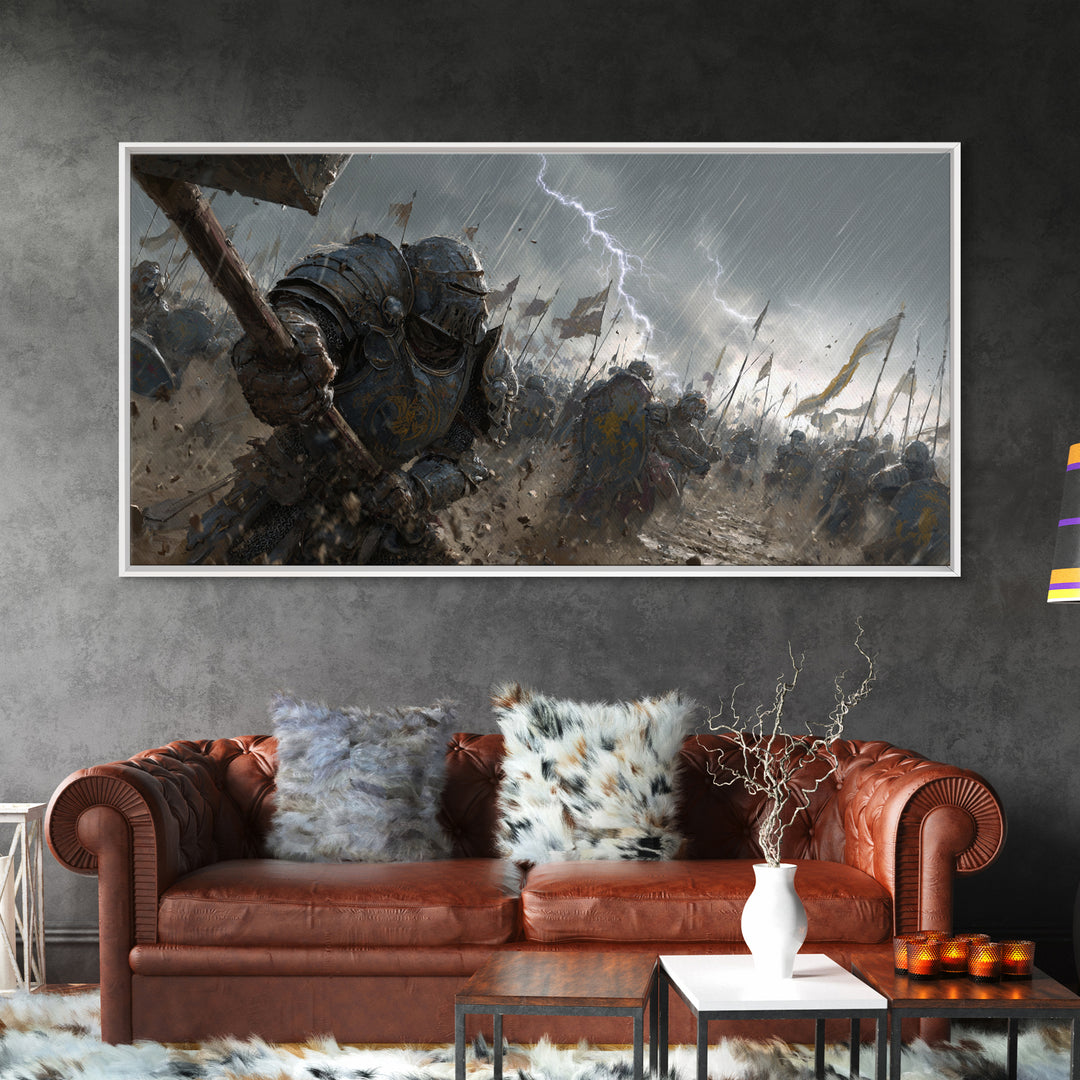 Knights In Rainy Lightning Battlefield Canvas Print, Medieval Fantasy Wall Art, Epic Dark War Decor, Game Room Gift For Him