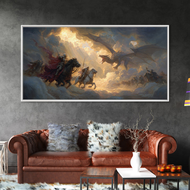 Knights Charging Toward Dragon In Stormy Sky Canvas Print, Epic Fantasy Wall Art For Gamer Room And Medieval Home Decor Gift