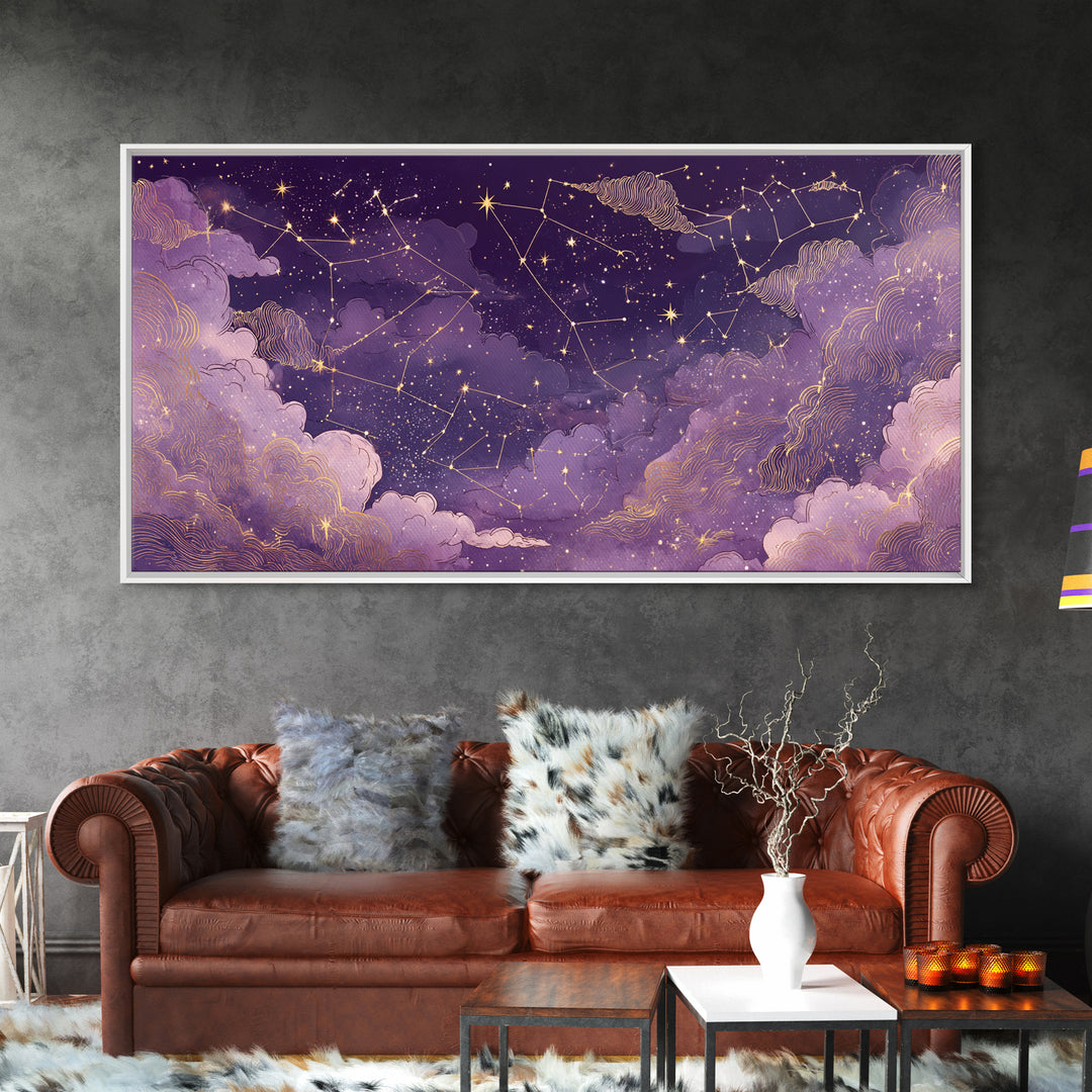 Purple Zodiac Constellation Night Sky Wall Art, Celestial Canvas Print, Astrology Wall Decor, Mystical Bedroom Decor, Gift For Her